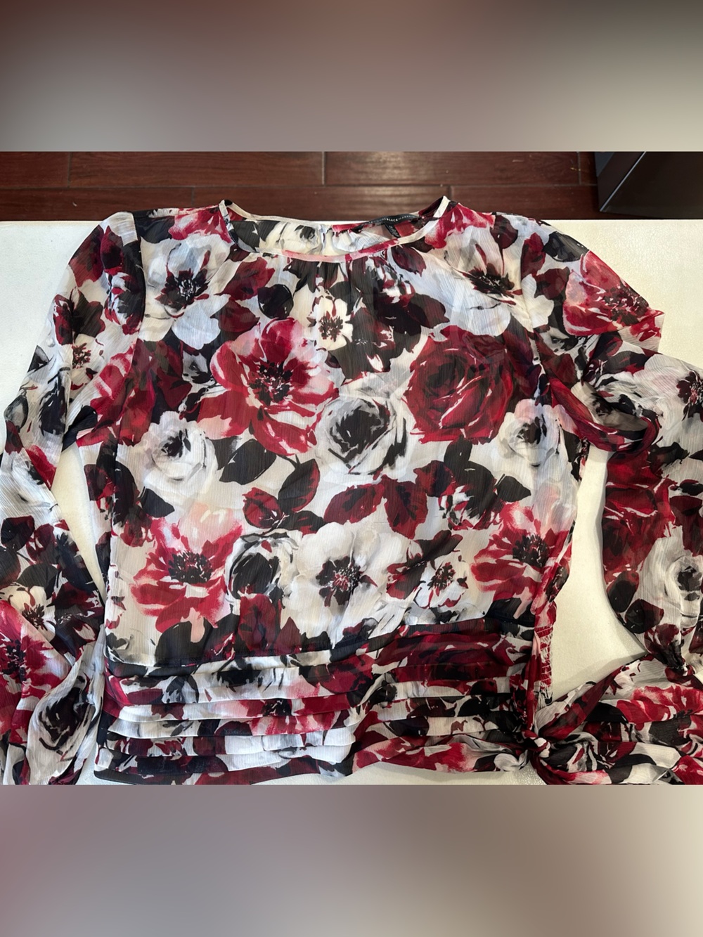 White House Black Market Red, Black & White Floral Long-Sleeve Blouse - Picture 3 of 5